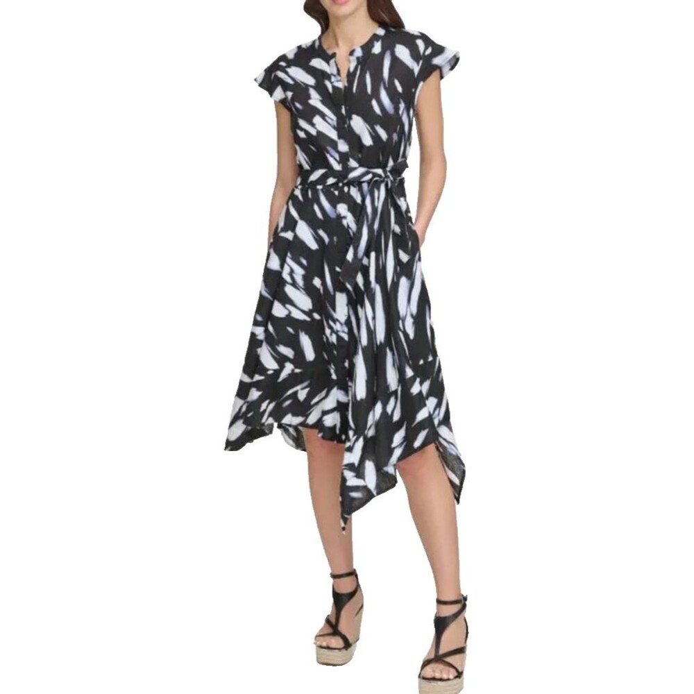 DKNY Pure Shirt Dress Print Cap Sleeve Linen Pockets Casual XS/S